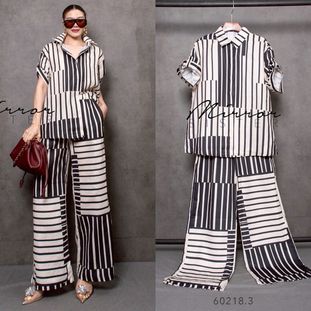 🔖Mirrorsister 60218.3 Set 2 ชิ้น เสื้อเชิ้ตแขนสั้น + กางเกงขายาวทรงกระบอกกว้าง ดีเทลเล่นระดับลายริ้ว ดูเก๋ไม่จำเจ