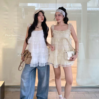 -𝐂𝐡𝐢𝐯𝐚- PEONY MINI DRESS | (แบบสวมหัว)มินิเดรสระบายไล่เลเยอร์ แต่งลูกไม้