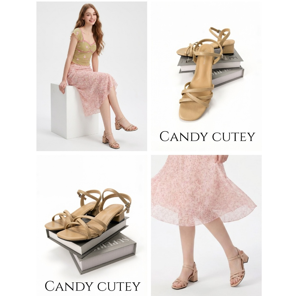 CandyCutey รองเท้าแตะผู้หญิงส้นกลางสูง สไตล์มินิมอล สายรัดข้ามเท้า ใส่สบาย ทำงานได้ทุกวัน