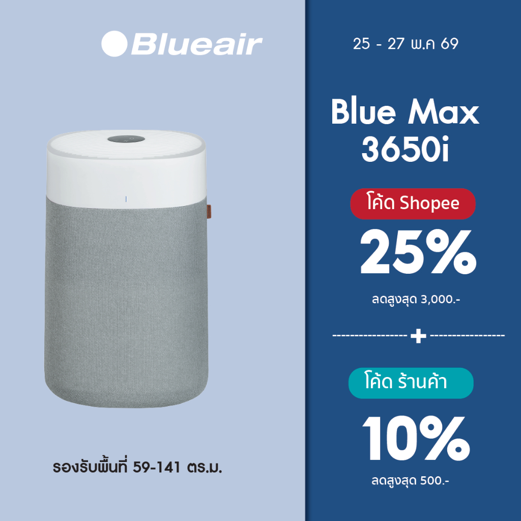 (กล่องมีตำหนิ)Blueair เครื่องฟอกอากาศ รุ่น Blue Max 3650i ครอบคลุมขนาดห้อง 59-141 ตร.ม (ฝุ่น PM,ไวรัส แบคทีเรีย , กลิ่น)