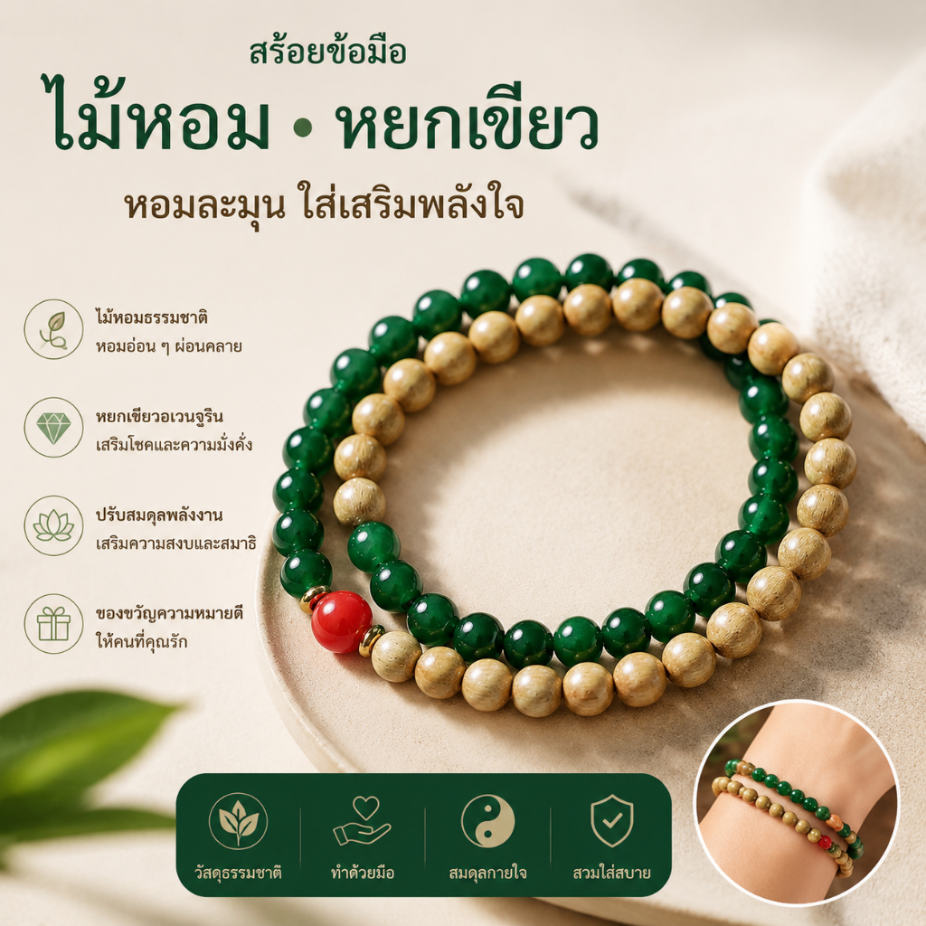 สร้อยข้อมือไม้หอมนม × หยกเขียวสองชั้น · เสริมพลังจิตใจและโชคลาภ