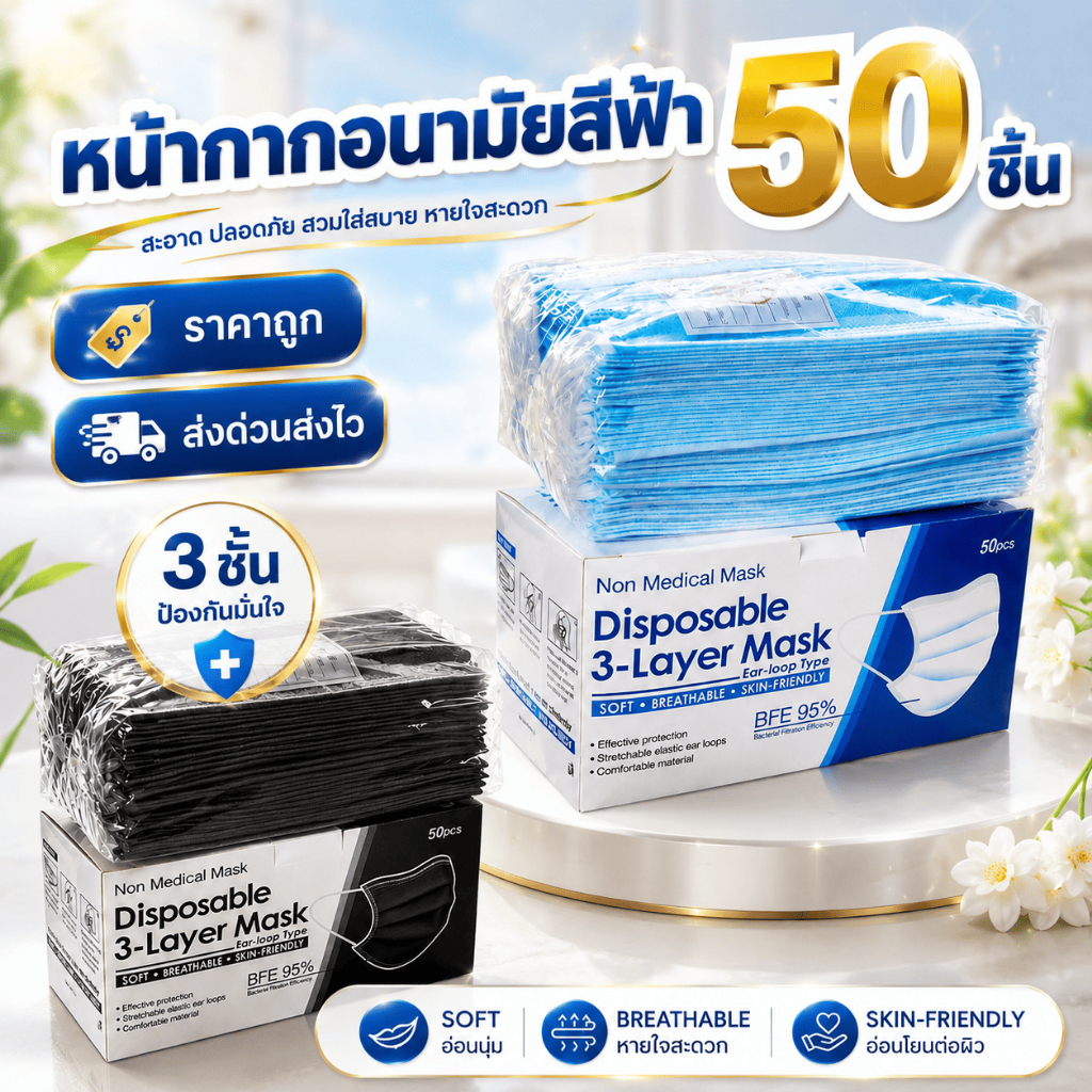 หน้ากากอนามัย แมสผู้ใหญ่ หนา 3 ชั้น 1กล่อง50ชิ้น
