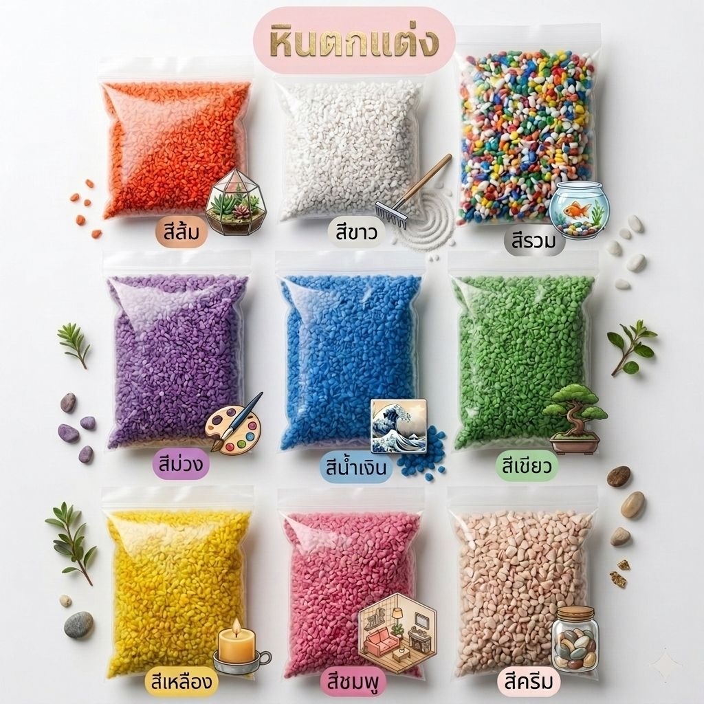 หินสี หินเกร็ดโรยหน้ากระถาง ตกแต่งตู้ปลา บรรจุถุงละ 500g