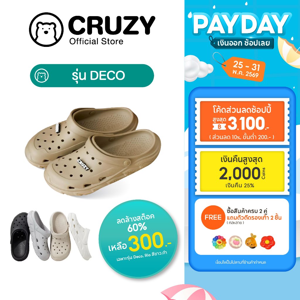 Cruzy รุ่น Deco รองเท้าหัวโต รองเท้าเด็ก มีสายรัดส้น พื้นหนา พื้นนุ่ม สบายเท้า [+เพิ่ม1ไซส์]