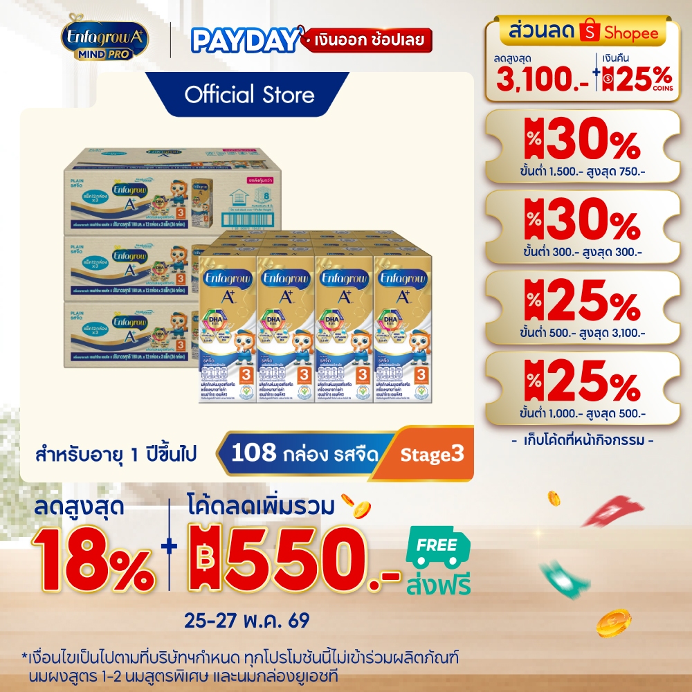 นมกล่อง เอนฟาโกร ยูเอชที สูตร3 ชนิดจืด (36 กล่อง) x3 ลัง Enfagrow UHT Stage3 Plain (36 boxes) x3 cases