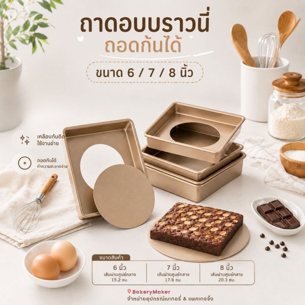 พิมพ์อบบราวนี่ เทฟล่อน ถอดก้น 6 , 7 , 8 นิ้ว /   แม่พิมพ์เค้กปอนด์ พิมพ์เค้กสี่เหลี่ยม เทฟล่อนทอง ถอดก้น