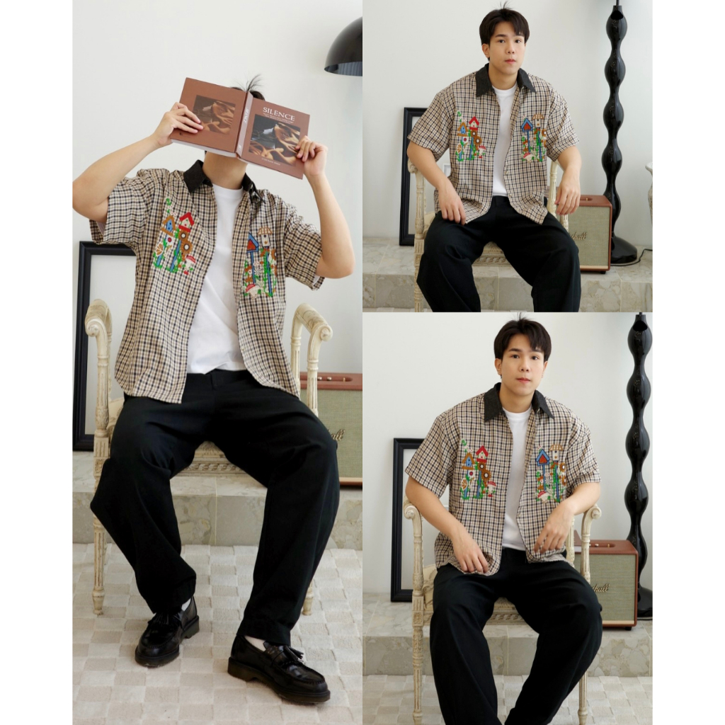เสื้อเชิ้ตแขนสั้นงานปักคอปกยีนส์ Premium Korea Shirt Homie Style