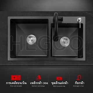 【อ่างล้างจาน 2 หลุม】ซิงค์ล้างจาน ซิ้งล้างจาน สแตนเลสหนาขึ้น 304 ขนาด75×41×21ซม(นาโนดำ/สแตนเลส)ตะกร้าระบายน้ำ+ท่อระบายน้ำ
