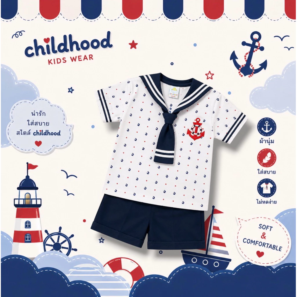 Childhood ชุดเช็ตเด็กผู้ชายลายกะลาสีหมีน้อย