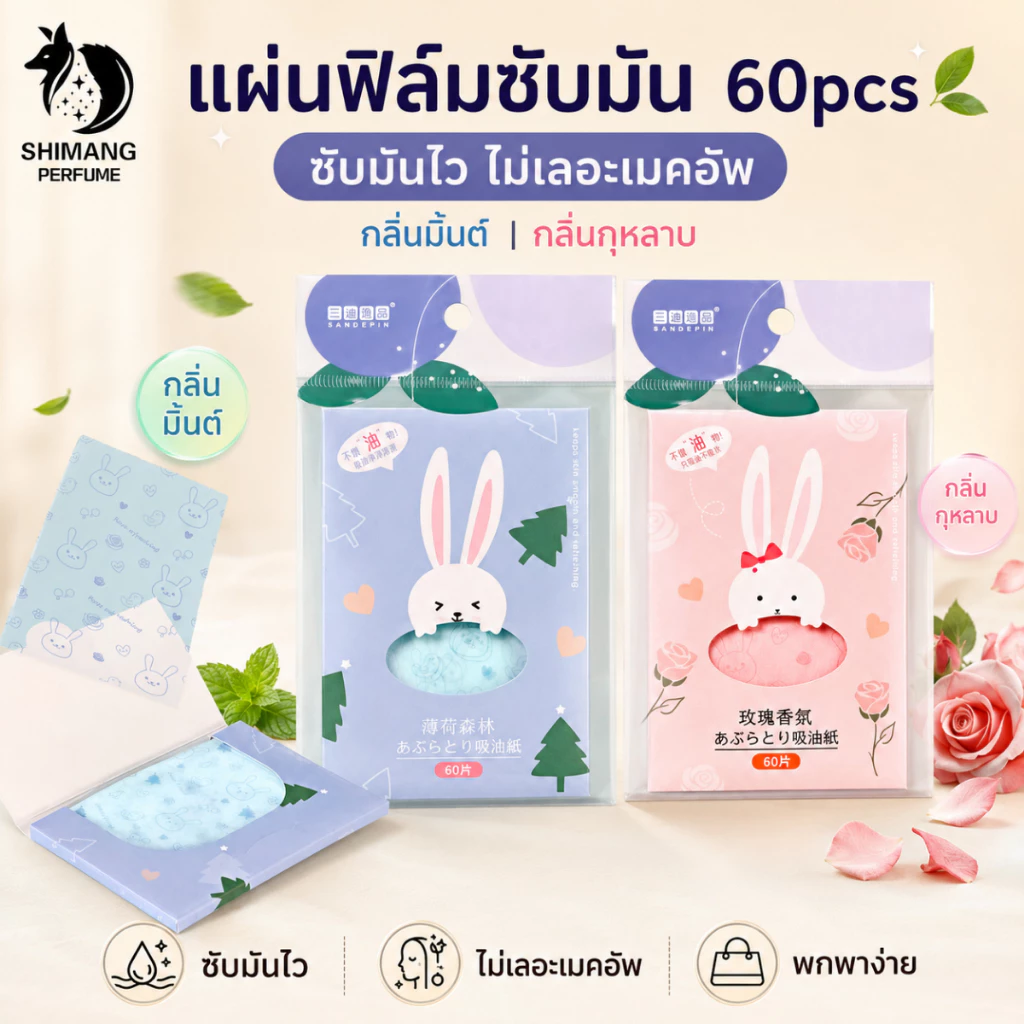 SHIMANG Makeup Friendly Blotting Papers for Oily Skin แผ่นฟิล์มซับมัน ซับหน้ามัน กระดาษซับมัน ป่ามินต์/กลิ่นกุหลาบ 60pcs