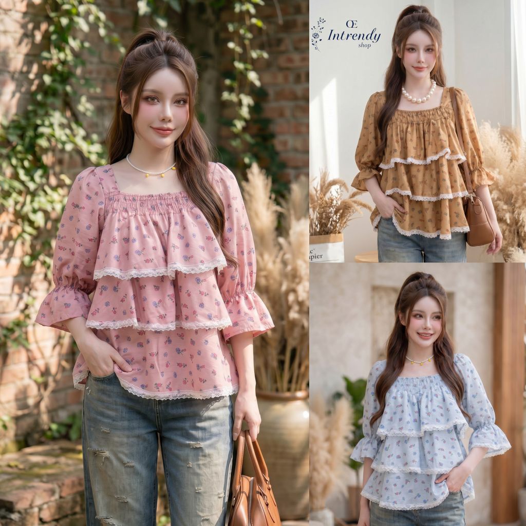 พร้อมส่ง.เสื้อแขน3 ส่วนแต่งระบาย { อก:34 - 44 นิ้ว } เป็นผ้าสลาฟผสมคอตตอน.