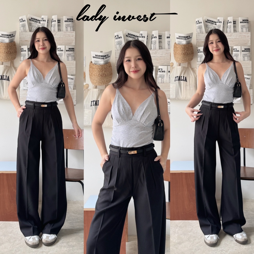 Milky Pants ซิปด้านหลัง เอวสูงปรี๊ด กางเกงขากระบอก กลาง กางเกงทำงาน ผู้หญิง สีดำ LT44