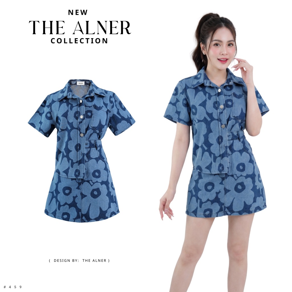 Thealner-AN459 (เซตเสื้อยีนส์คอปกลายดอกไม้+กระโปรง)