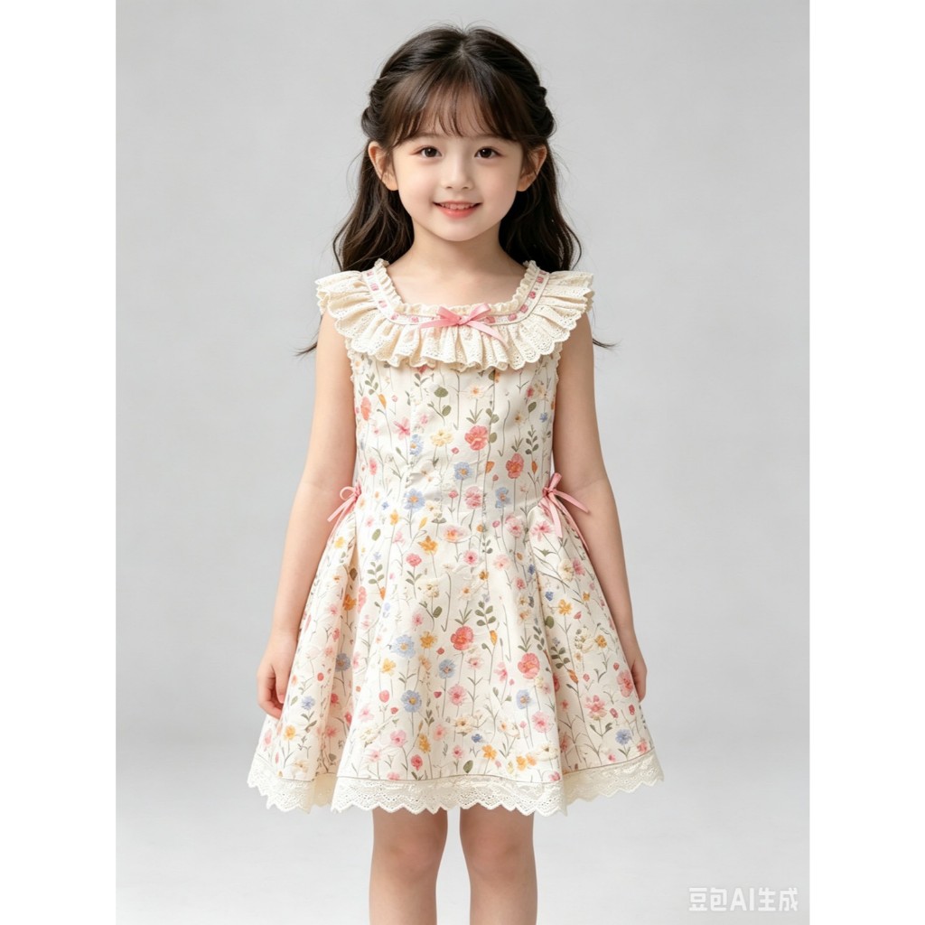 BB298 เดรสเด็กผู้หญิง ไม่มีแขน ลายดอกไม้ รูปที่ 4