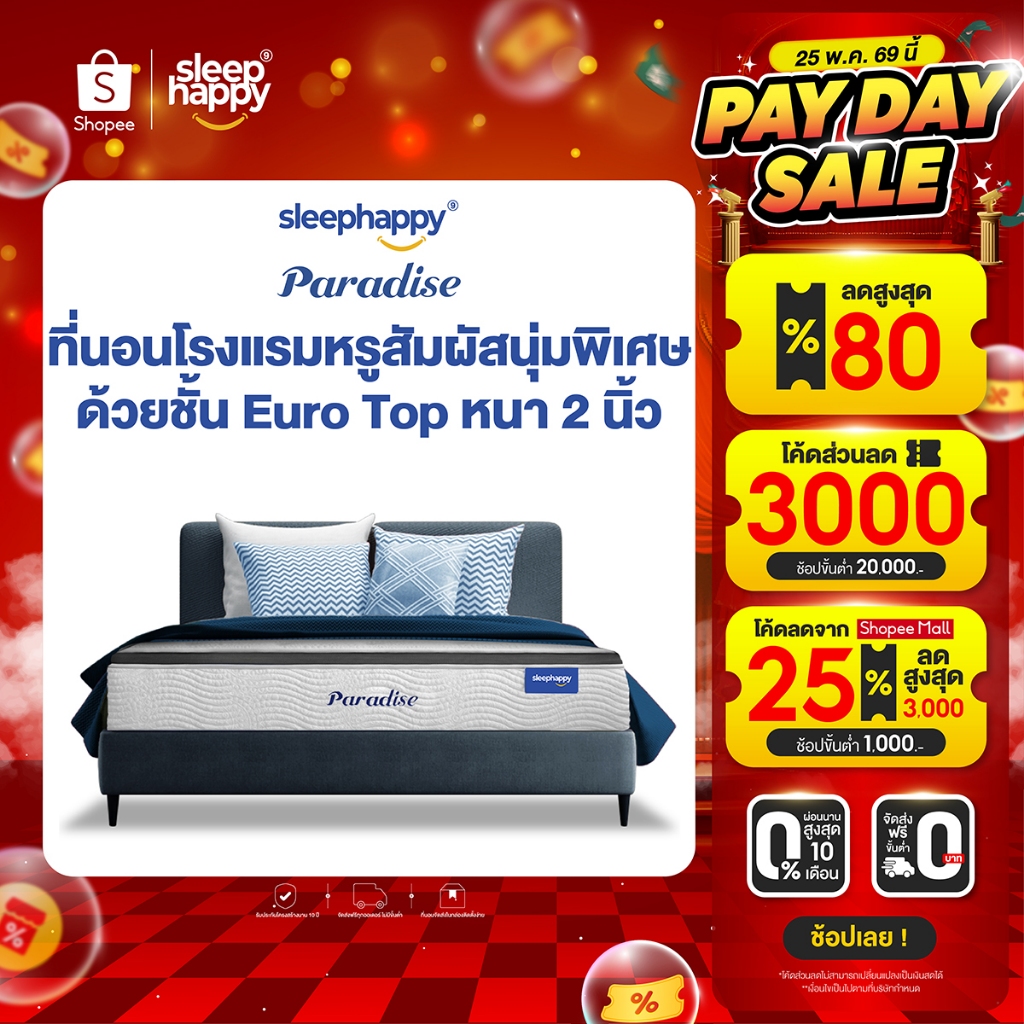 SleepHappy ที่นอนพ็อกเก็ตสปริง เสริมยูโรท็อป รุ่น Paradise หนา 12 นิ้ว สัมผัสนุ่มพิเศษ หลับสบาย สไตล์โรงแรม 5 ดาว