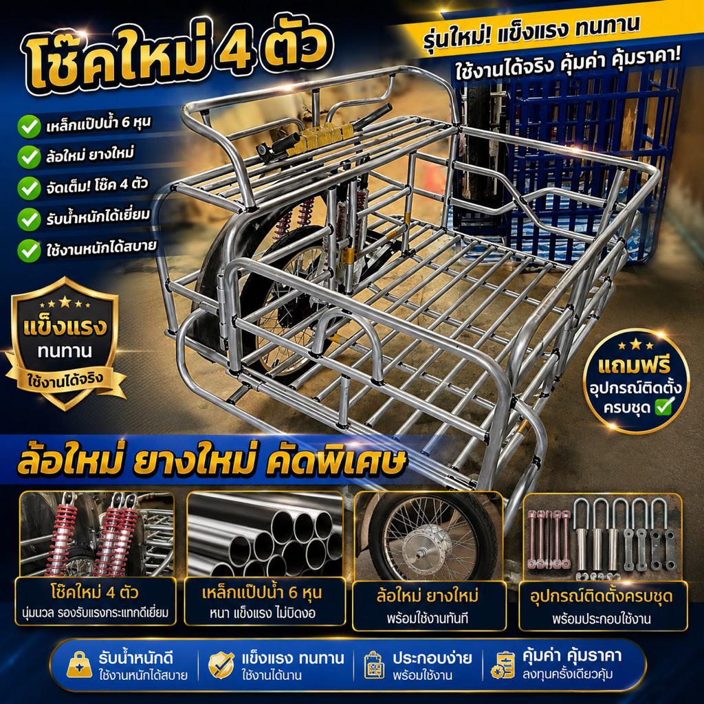 รถพ่วงข้าง ซาเล้ง รถพ่วงข้างมอเตอร์ไซค์ 67*120 ซม. โช๊คใหม่ 4 ตัว ล้อขึ้นซี่ใหม่ ยางใหม่