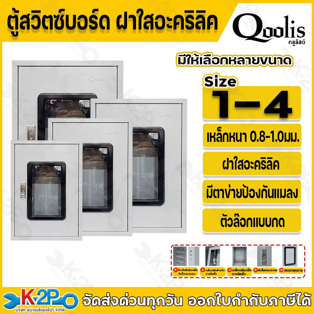Qoolis ตู้ไฟ หน้าใส ตู้ไฟสวิทช์บอร์ด มาตรฐาน Switch Board ตู้เหล็ก รุ่น Size 1 - 4 ความหนา 0.8-1.0mm ตู้สวิทซ์บอร์ด