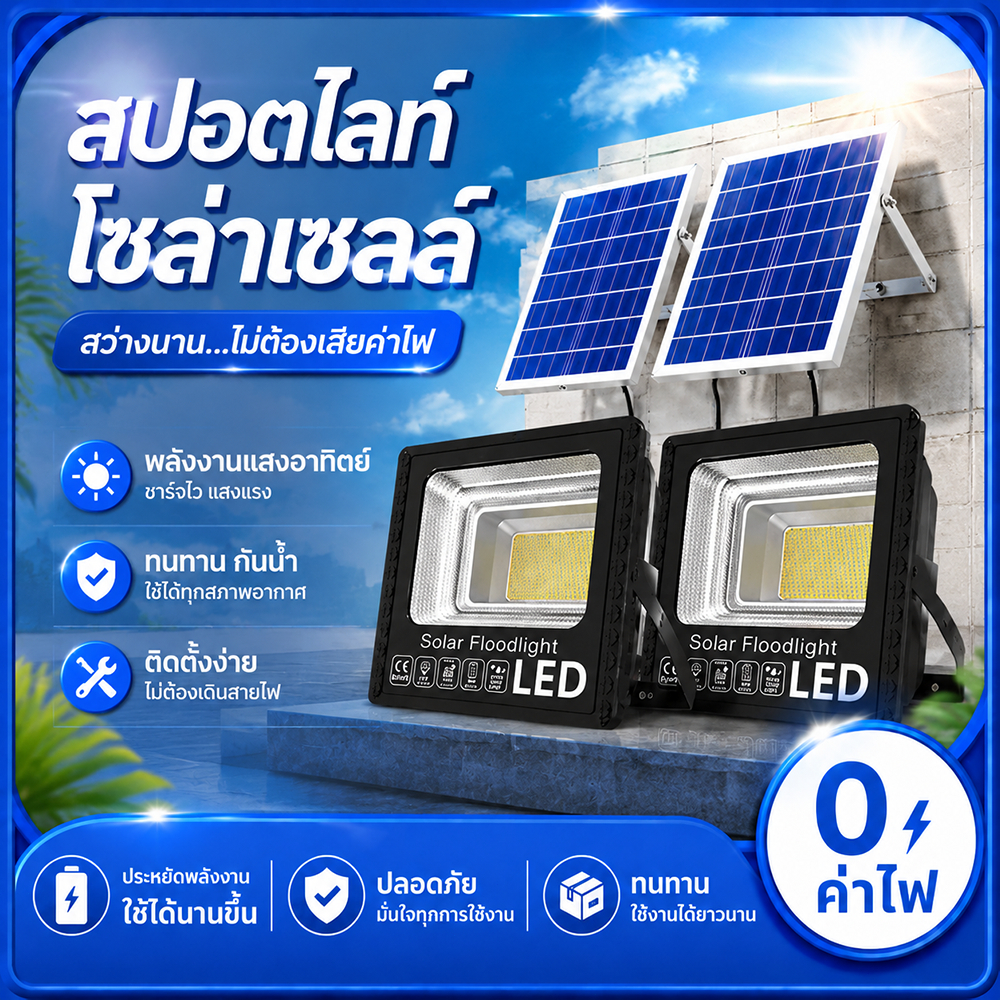 ซื้อ 1 แถม 1 ไฟโซล่าเซลล์ 550000W โซล่าเซลล์ ไฟถนน กันน้ำ IP67 Solar Flood Light ไฟสปอร์ตไลท์ LED เปิดปิดอัตโนมัติ