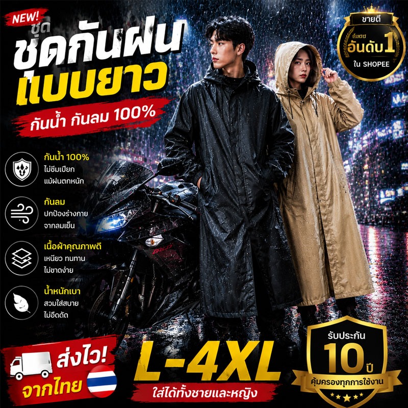 💧จัดส่งภายในวัน💧ชุดกันฝน M-XL กันน้ำ 100% การออกแบบที่กว้างขึ้น ผู้ใหญ่หนา