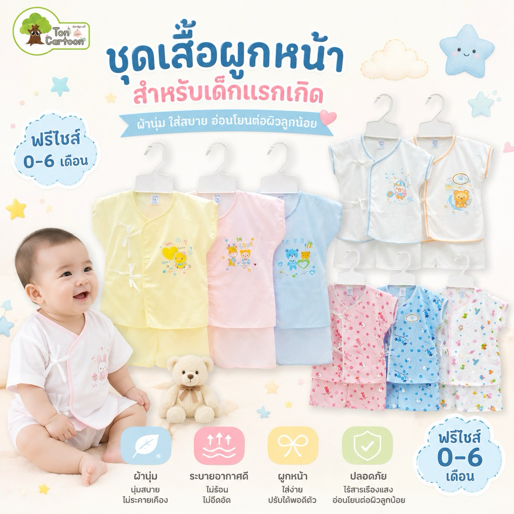 ชุดเสื้อผูกหน้า ผ้าป่าน ผ้ายืด เด็กอ่อน สำหรับเด็กแรกเกิด ถึง 6 เดือน เซ็ต 3 ชุด