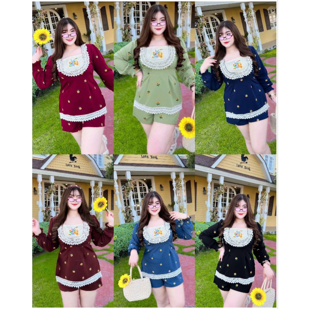 ชุดเซ็ท 2 ชิ้น เสื้อ+กางเกง  งานพิมพ์ลายทานตะวัน งานผ้ายืดวูลเวฟ รอบอก 38-46 นิ้ว