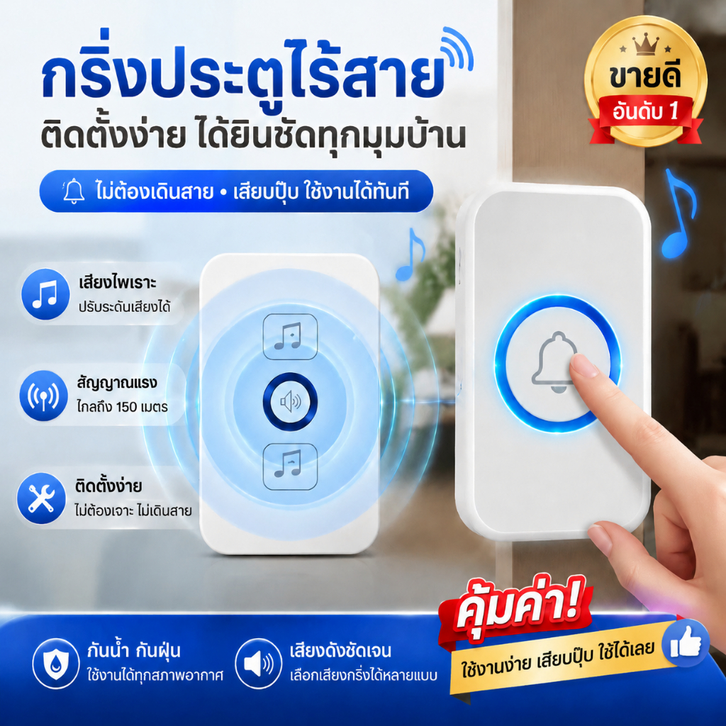 กริ่งประตูไร้สายกันน้ำ ระยะควบคุม 300 เมตร พร้อมไฟ LED 62 ดวง แฟลชสำหรับเรียกเข้าบ้าน
