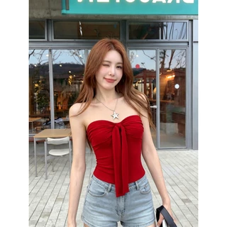 เสื้อท๊อปเกาะอก เสื้อเกาะอกสีแดง รัดรูป ใส่ไปเที่ยว ออกแบบสวย ดูผอม ไตล์ฝรั่งเศส #020438
