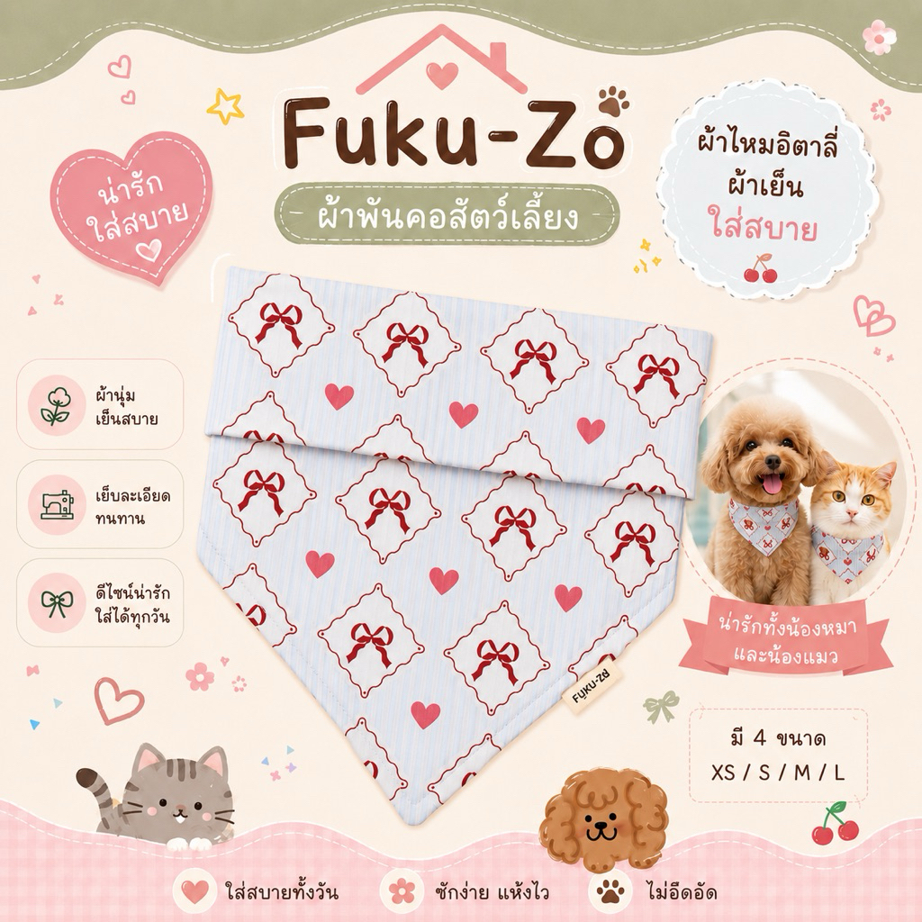 Fuku-Zo - ผ้าพันคอสัตว์เลี้ยง ผ้าพันคอหมาแมว ผ้าไหมอิตาลี | ลาย F017