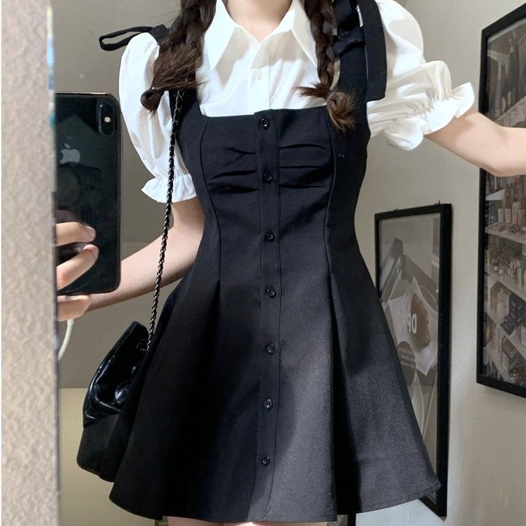 พร้อมส่ง ชุดสูทแฟชั่นเกาหลีโบว์ดำ เข้ารูป กระโปรงทรงเอ + เสื้อเชิ้ตแขนสั้นสีขาวน่ารัก