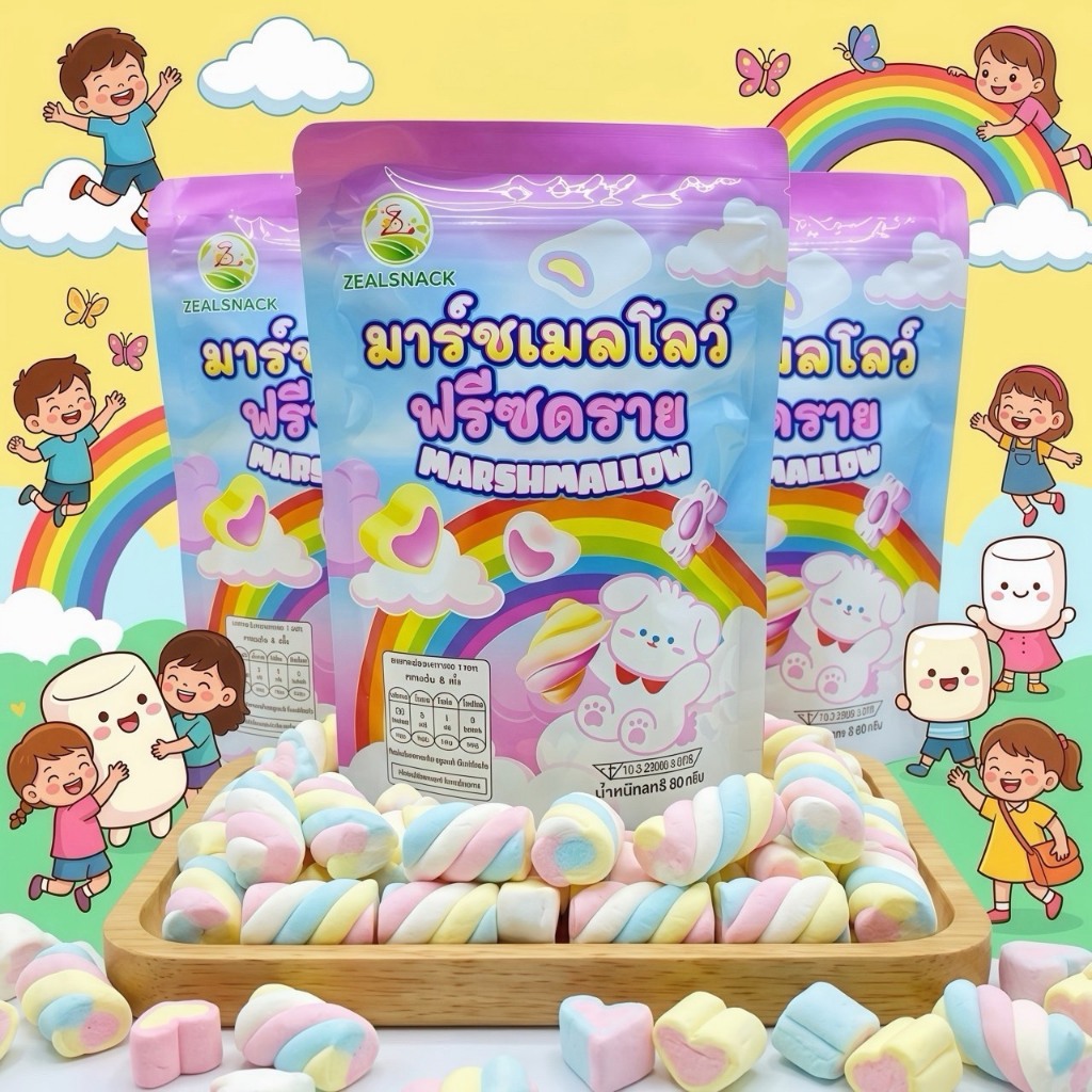 ขนมมาร์ชเมลโลว์กรอบสายรุ้ง ขนาด 80 กรัม รูปทรงแฟนซีสุดน่าทาน กรอบอร่อยละลายในปาก หอมกลิ่นผลไม้
