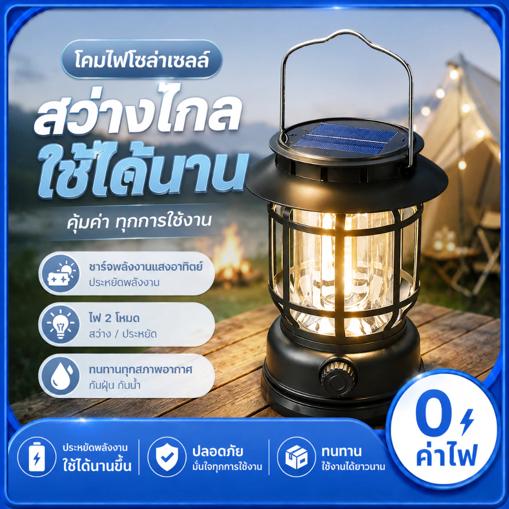 ไฟตะเกียงแคมป์ปิ้ง แสงแสงอาทิตย์ กันน้ำ ส่องสว่าง ไฟ LED แบบชาร์จไฟแบบพกพา ตะเกียงวินเทจ