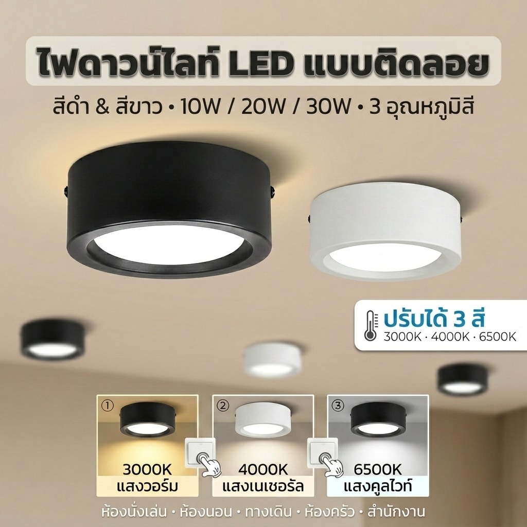 ไฟดาวน์ไลท์ LED ติดลอย 3 สี 10W 20W 30W โคมไฟเพดาน ปรับแสงได้ สำหรับห้องนั่งเล่น ห้องนอน ห้องครัว ไฟตู้