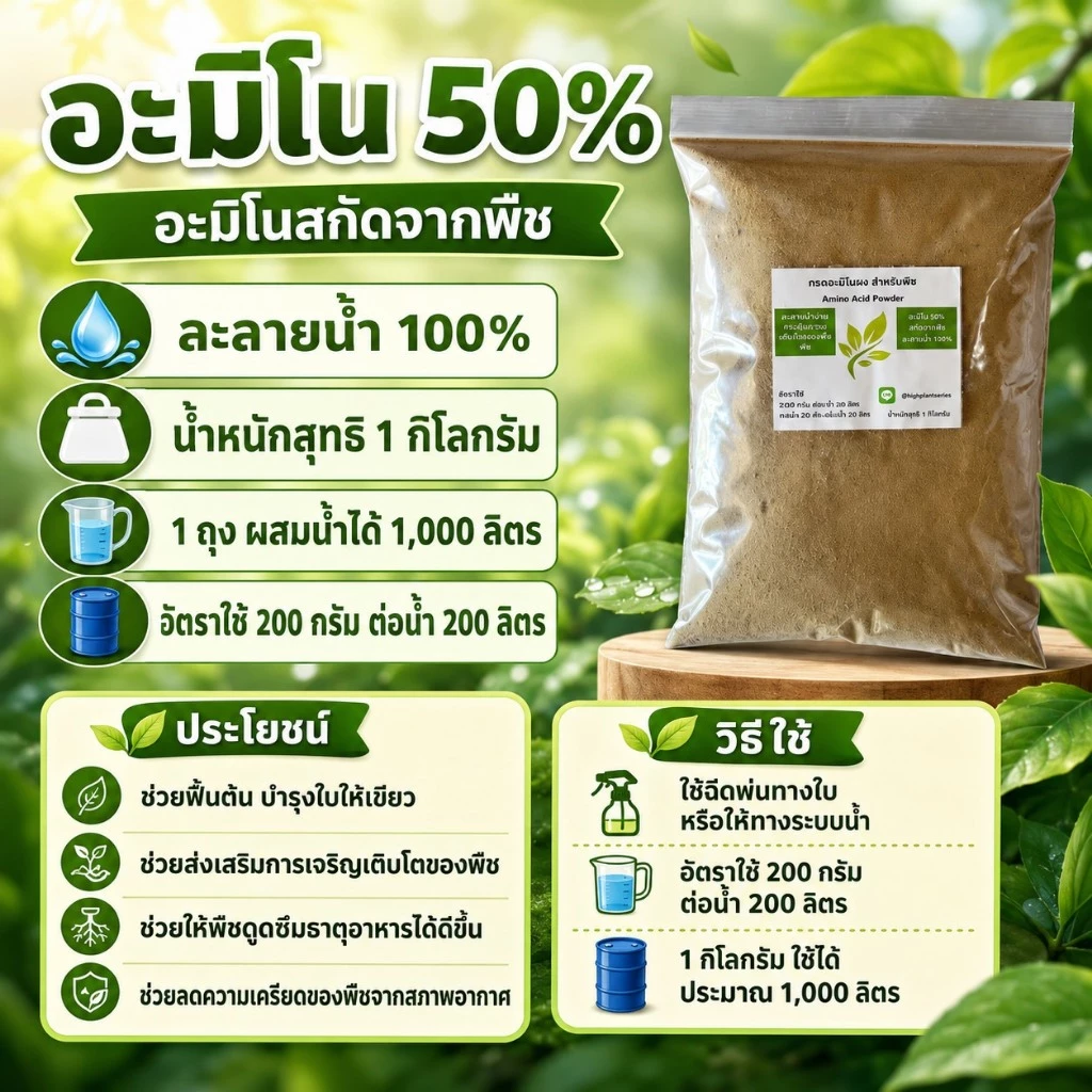 อะมิโน แอซิด กรดอะมิโนสำหรับพืช Amino Acid Powder บำรุงโครงสร้างใบ ดอก ผล ยืดช่อ ขนาด 500/1,000 กรัม