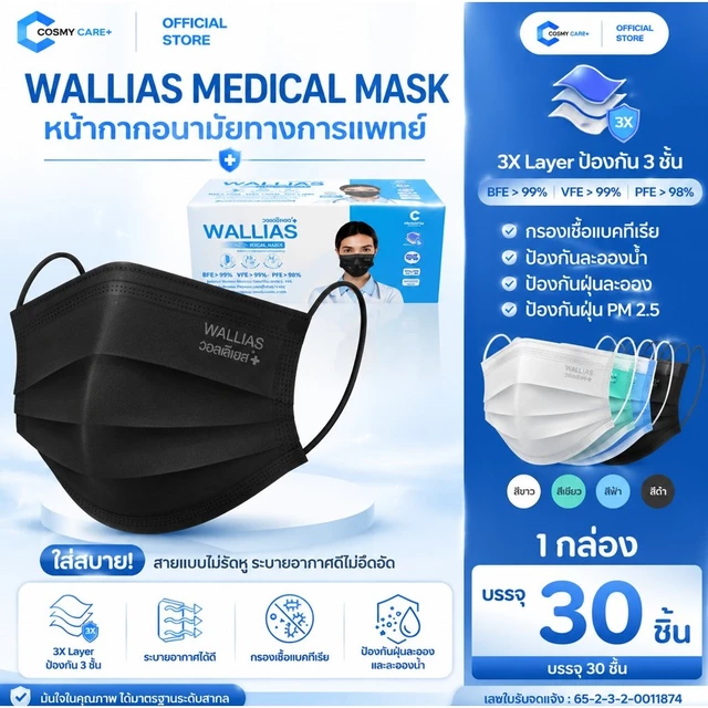 หน้ากากอนามัยทางการแพทย์ ยี่ห้อ วอลลิแอส Walliasหนา 3 ชั้น กรองฝุ่น PM2.5  ได้รับมาตรฐาน BFE  ป้องกันอย่างดี คุณภาพสูง