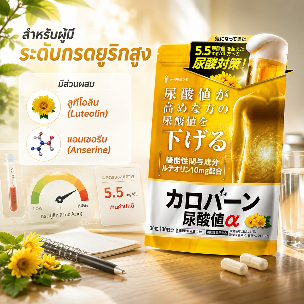 (สินค้าพร้อมส่ง) Caroburn Uric Acid α มี 30 เม็ด สำหรับผู้มียูริกสูง มี ลูทีโอลิน (Luteolin) และ แอนเซอรีน (Anserine)