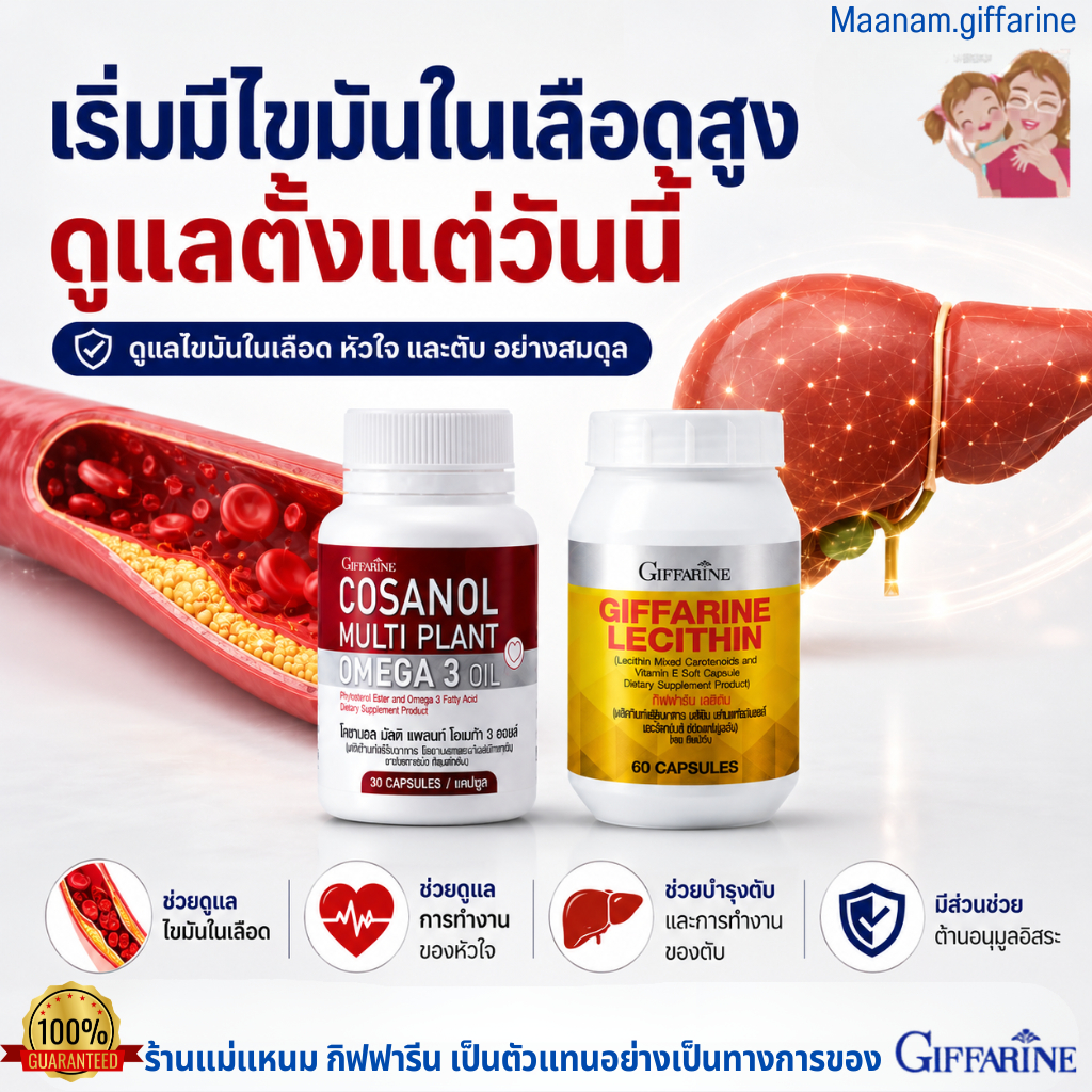 ลดไขมันสะสม ไขมันในเลือดสูง ดูแลหลอดเลือด ตับ กิฟฟารีน lecithin โคซานอล omega 3 น้ำมันเมล็ดแฟลกซ์
