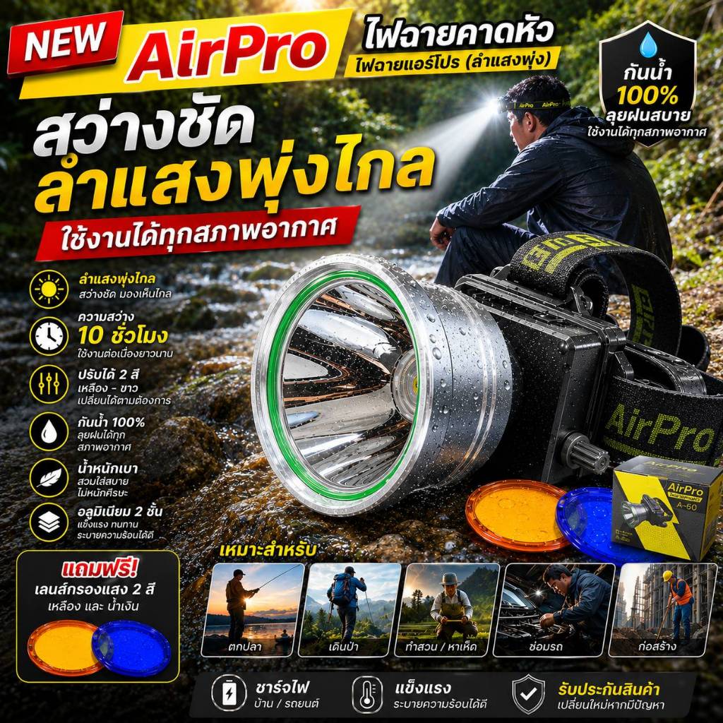 AirPro ไฟคาดหัวลำแสงพุ่ง สว่างแรง ใช้งานยาว 10 ชม.
