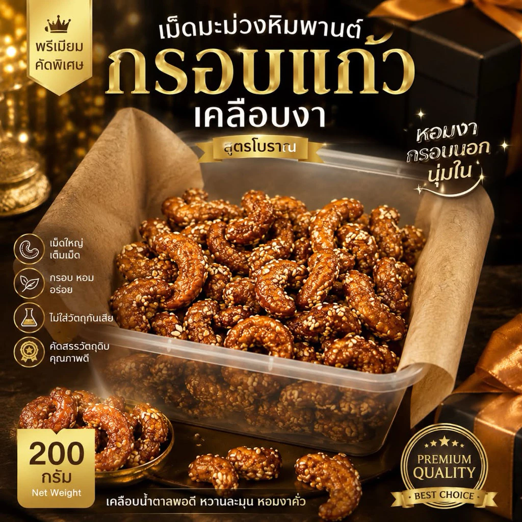 เม็ดมะม่วงหิมพานต์กรอบแก้วเคลือบงา สูตรโบราณ หอมกรอบ เคลือบน้ำตาลพอดี อร่อยพร้อมทาน 200 กรัม