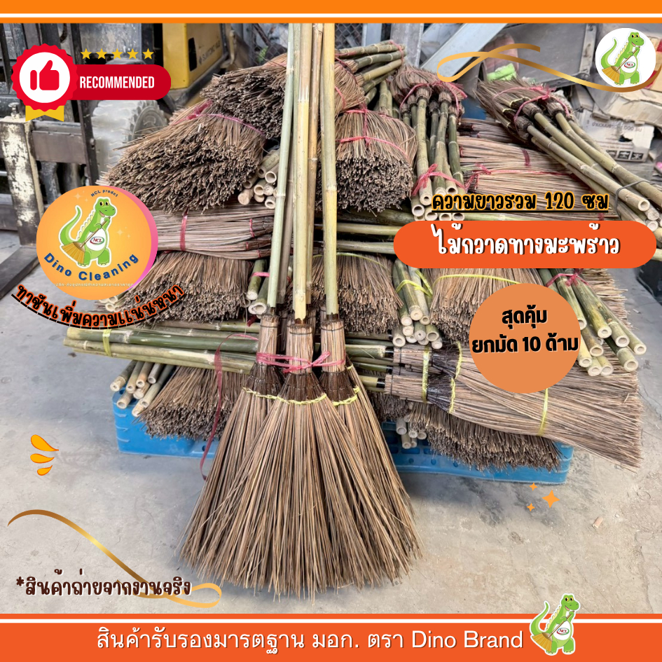 (ยกมัด 10 ด้าม )ไม้กวาดทางมะพร้าว รุ่นตัดปลายสั้น ด้ามไม้ไผ่ เเข็งเเรง ทนทาน ( พร้อมส่ง ) ความยาว 120 ซม Dino Brand