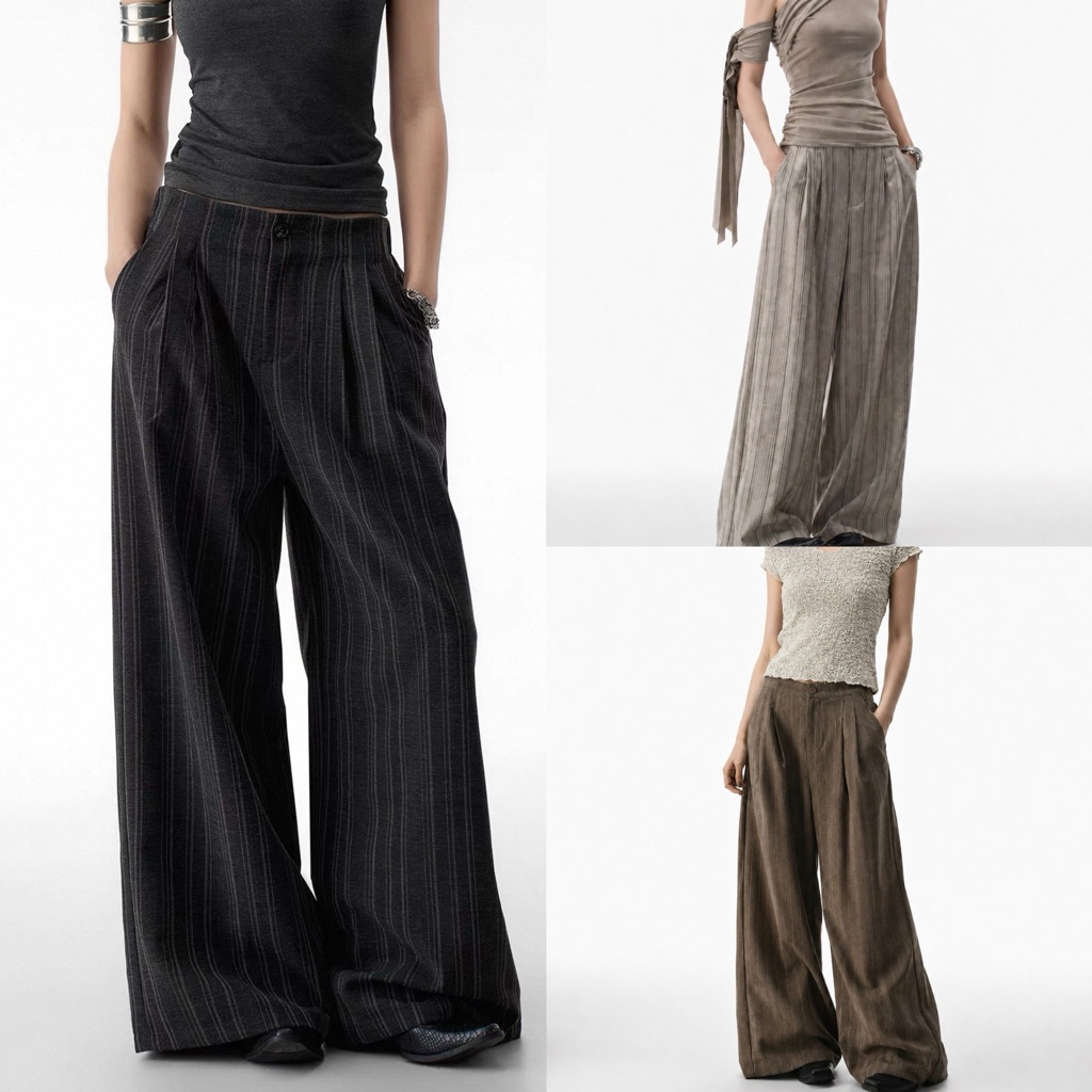 ส่งด่วน 🛵 #7828 STUDIOX2 LINEN PANTS  กางเกงขากว้าง ซิปหน้าผ้าลินินคอตตอนลายทาง