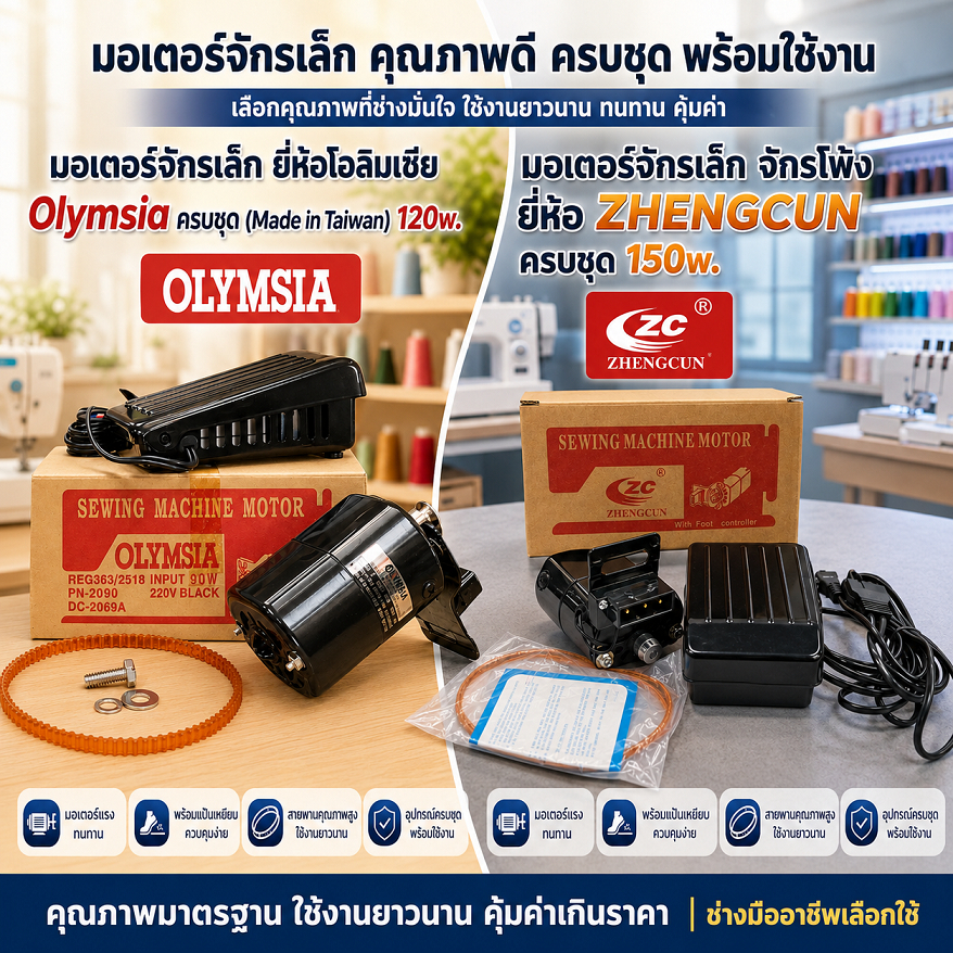 มอเตอร์จักรเล็ก​ จักรบ้าน จักรโพ้ง มอเตอร์จักรเย็บผ้า จักรโพ้งเล็ก ยี่ห้อ ZHENGCUN และ OLYMSIA โอลิมเซีย