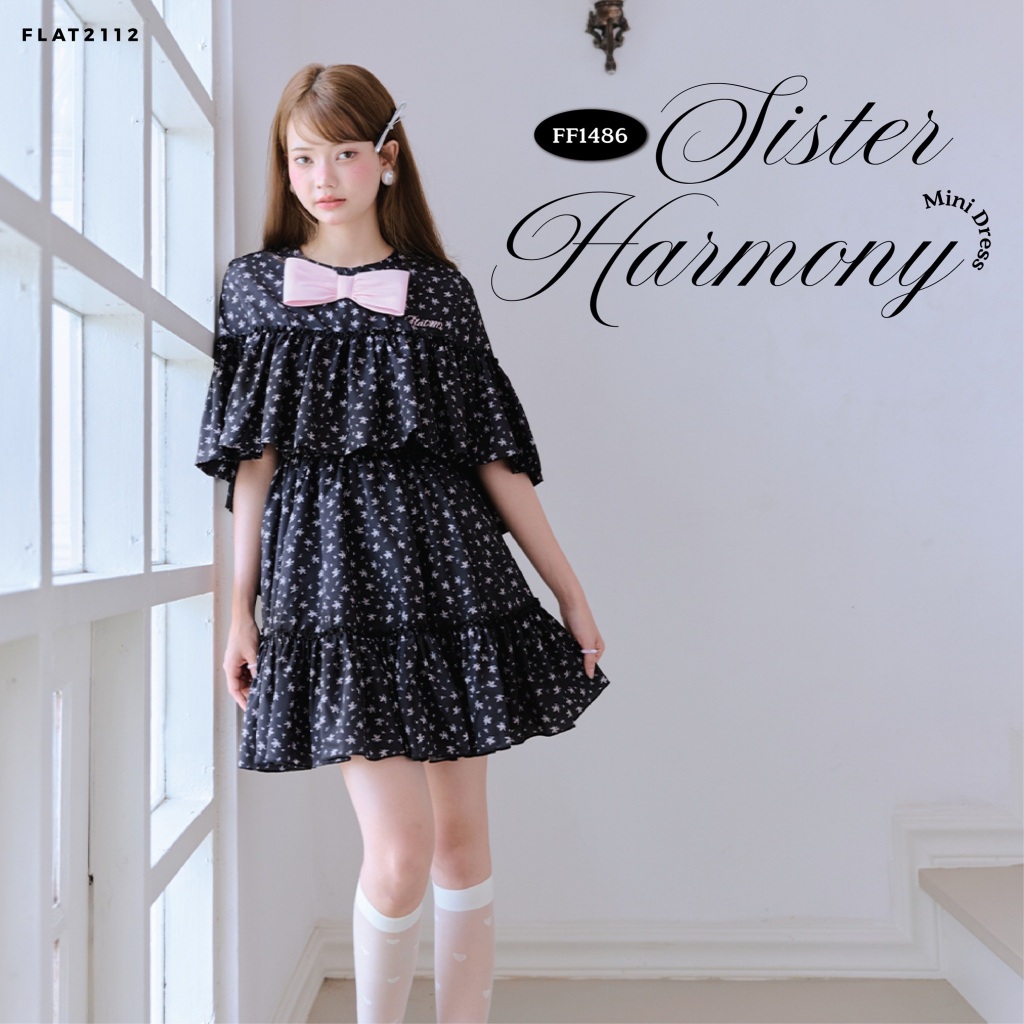 FLAT2112 : SISTER HARMONY MINI DRESS เดรสสั้นสีดำลายดอก เดรสโบว์ชมพู เดรสระบายหลายชั้น เดรสสั้นสไตล์เกาหลี (FF1486)