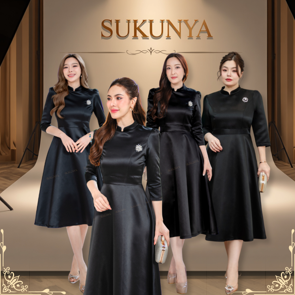 Sukunya 6431 : ชุดเดรสผ้าไหมญี่ปุ่น แขนสามส่วน คอปีน งานมาพร้อมซิปหลัง
