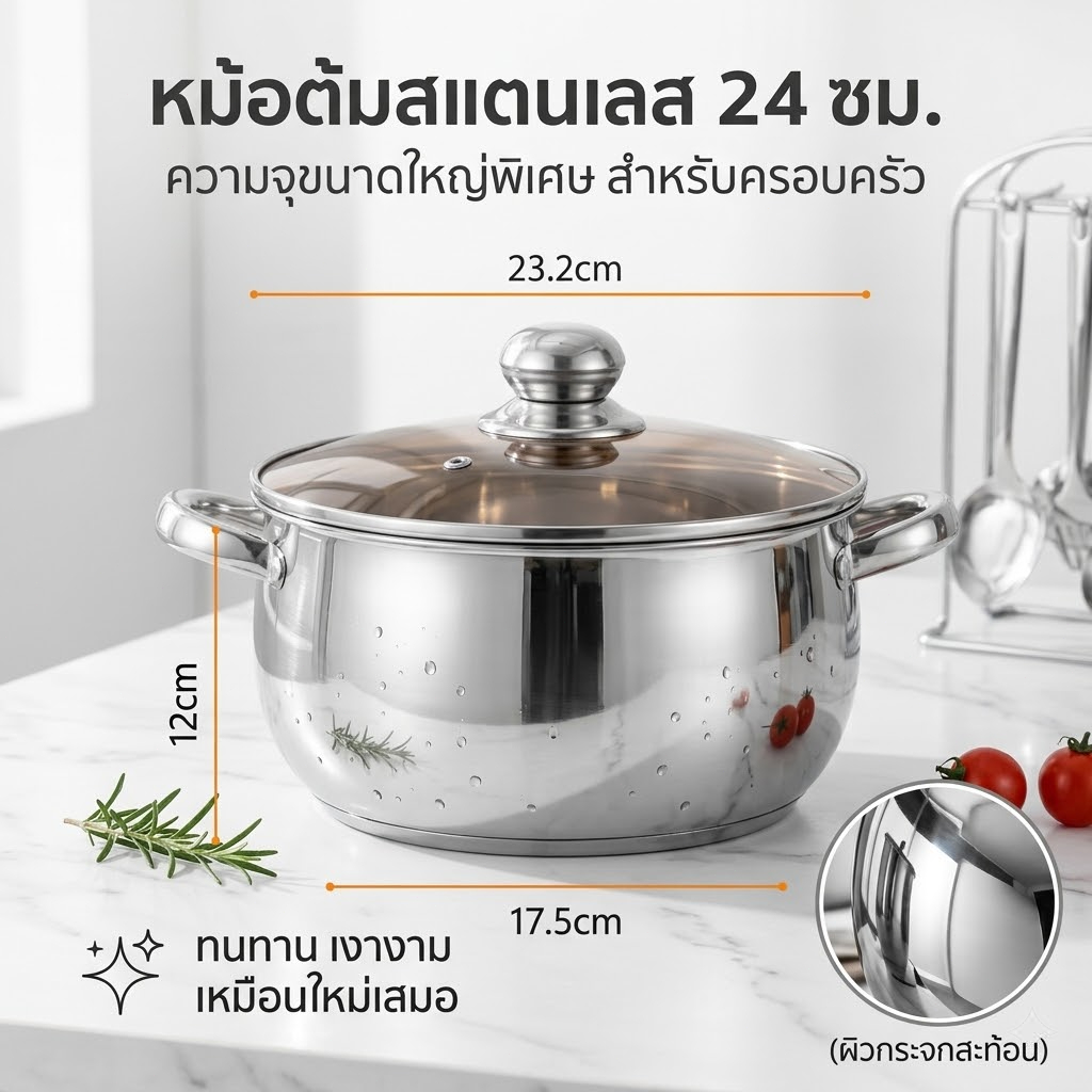 หม้อต้มซุปสแตนเลสหนาแน่น ก้นไม่ดำ กระจายความร้อนสม่ำเสมอ ประหยัดแก๊ส เหมาะต้มยำกุ้งและชาบู