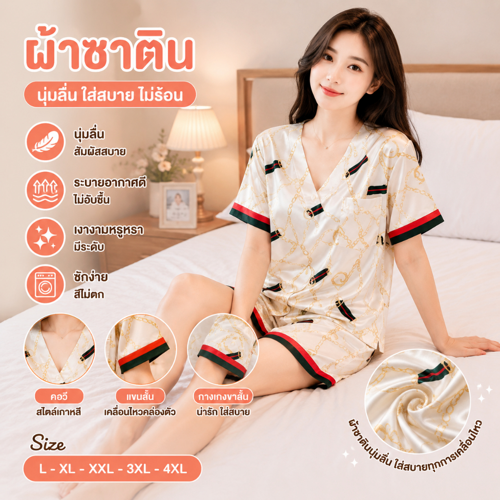 SW6212 ชุดนอนผู้หญิง ผ้าซาติน แขนสั้น-ขาสั้น ลายการ์ตูนน่ารัก ใส่สบาย ผ้านิ่มลื่น ไซซ์L–4XL พร้อมส่ง