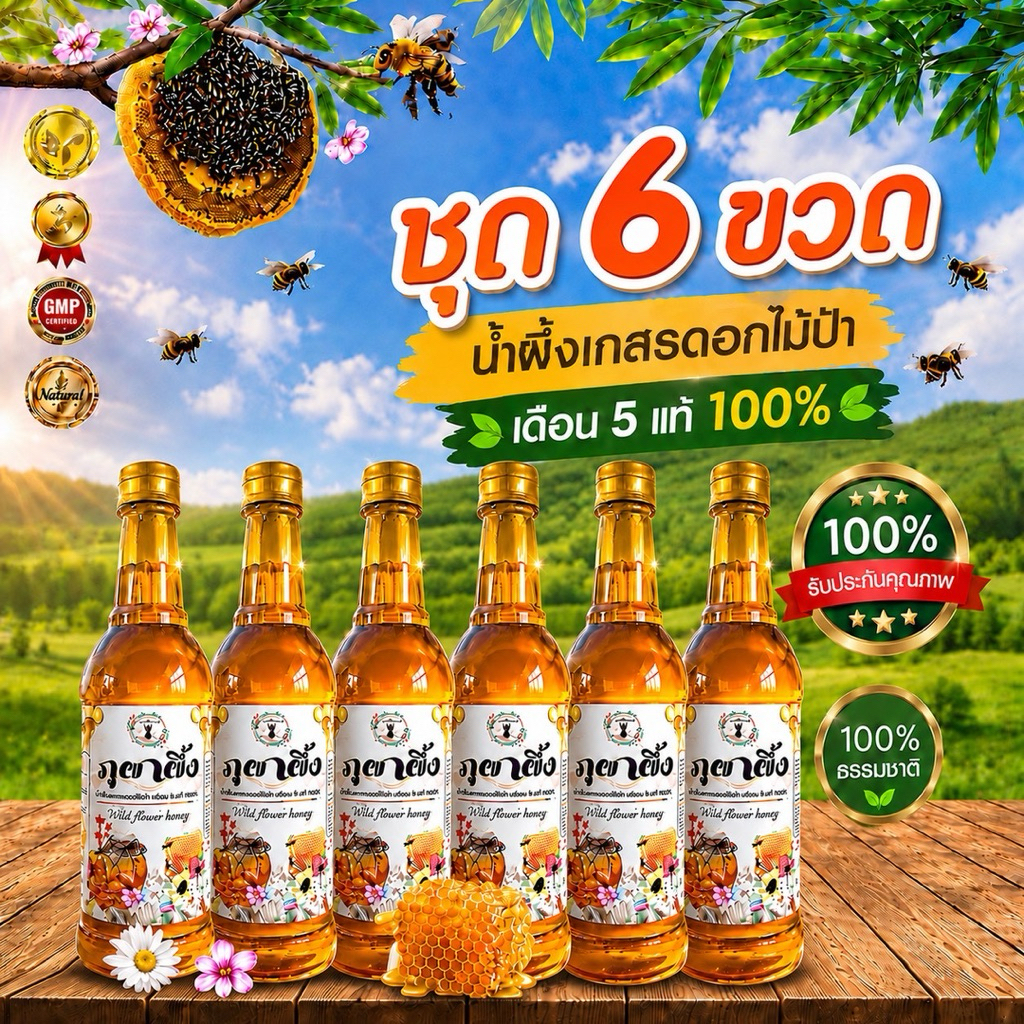 น้ำผึ้งเกสรดอกไม้ป่าเดือน5แท้ ตรา ภูผาผึ้ง ชุด 6 ขวด