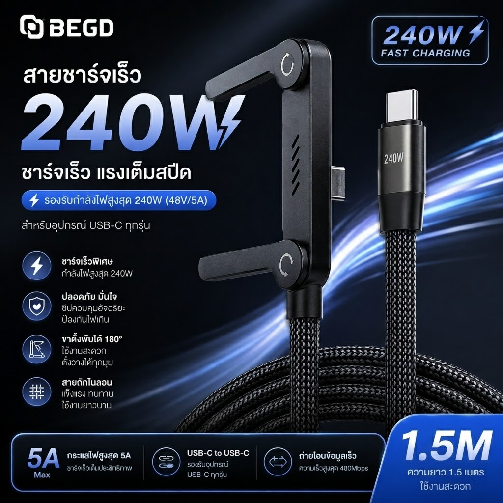 BEGD สายชาร์จเร็ว 240W Type-C TO C ชาร์จเร็วพิเศษ สายถักหัวงอ 90° พร้อมที่ยึดพับได้ สำหรับ iOS และ Android