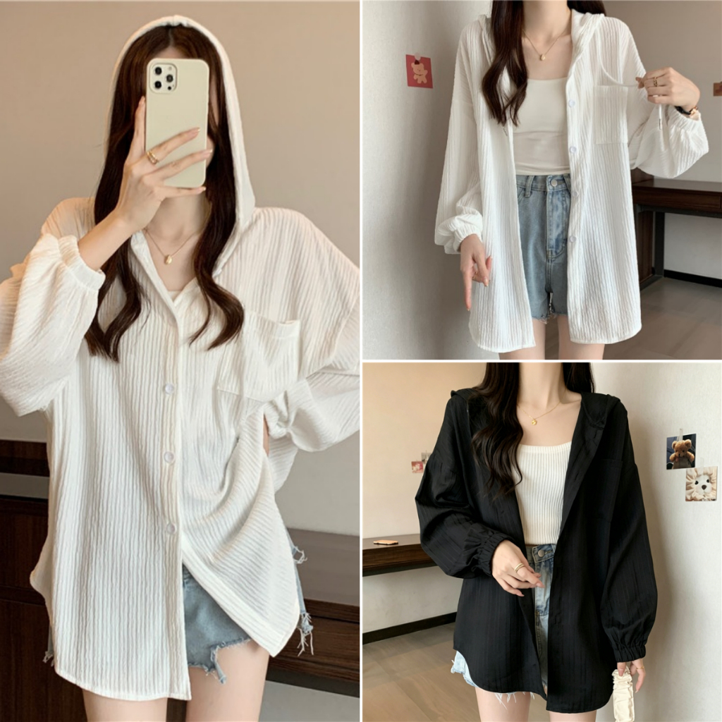 Hotgirl พร้อมส่ง เสื้อคลุมผู้หญิง เสื้อแขนยาว ดีไซน์มีฮู้ดหลวมแฟชั่น ใส่สบาย oversize สไตล์เกาหลี สีทึบ