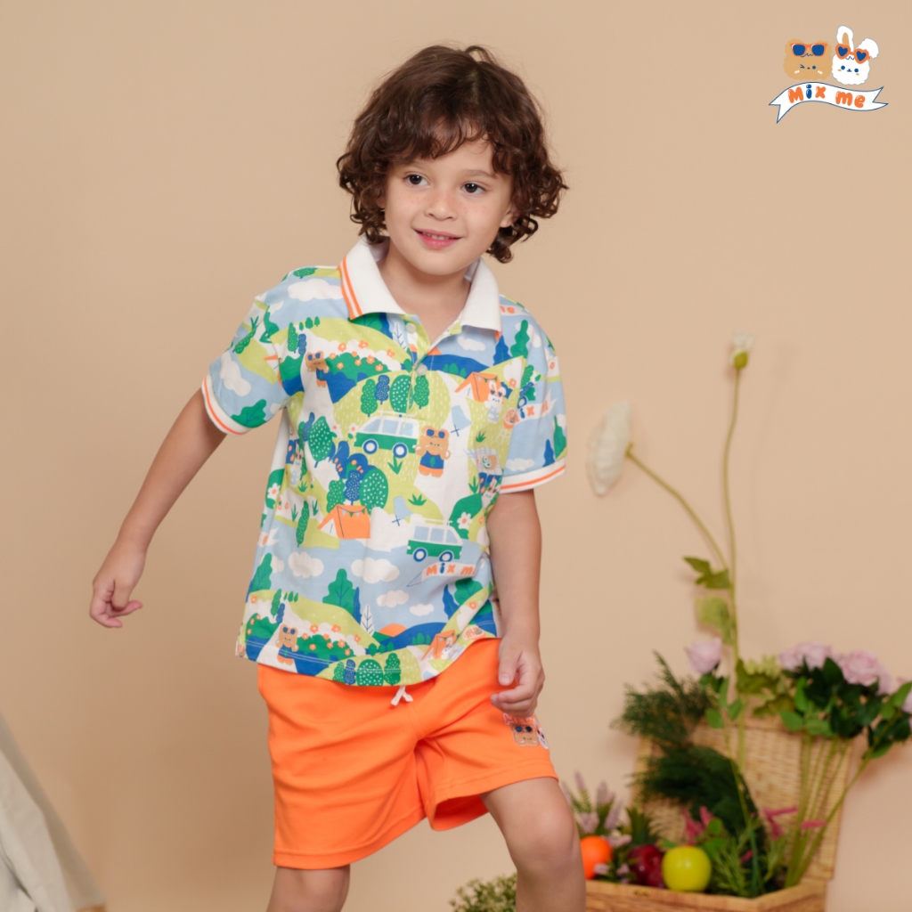 Mix Me เสื้อโปโล กางเกงขาสั้น ลายแคมป์ปิ้ง ผ้า Single Jersey Interlock เด็กชาย อายุ 1-7ปี เสื้อผ้าเด็ก รุ่น400497/400498