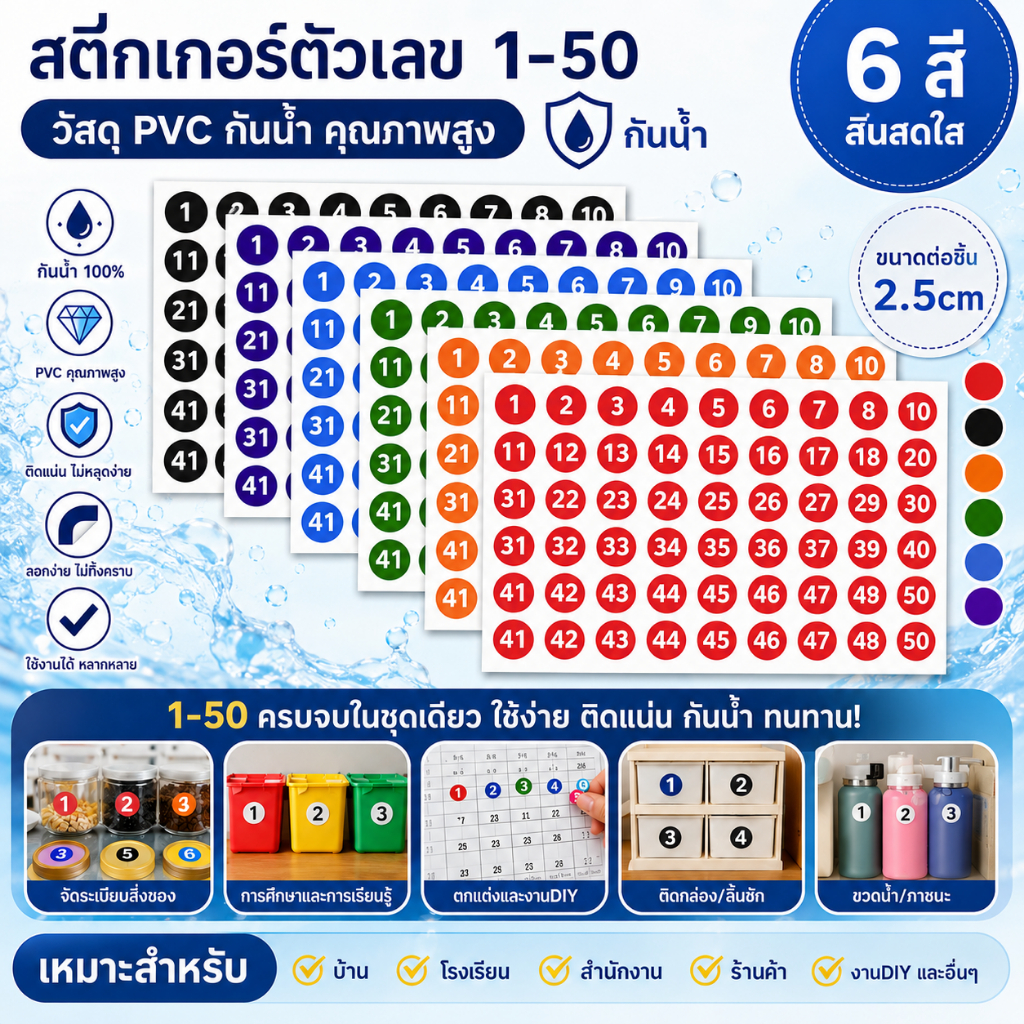 สติกเกอร์หมายเลขติดต่อกัน 1-50 ฉลากสีกลม 2.5 ซม. ตัวเองกาวไวนิลหมายเลขสติกเกอร์สำหรับสำนักงาน, สินค้าคลังสินค้า, การเก็บ